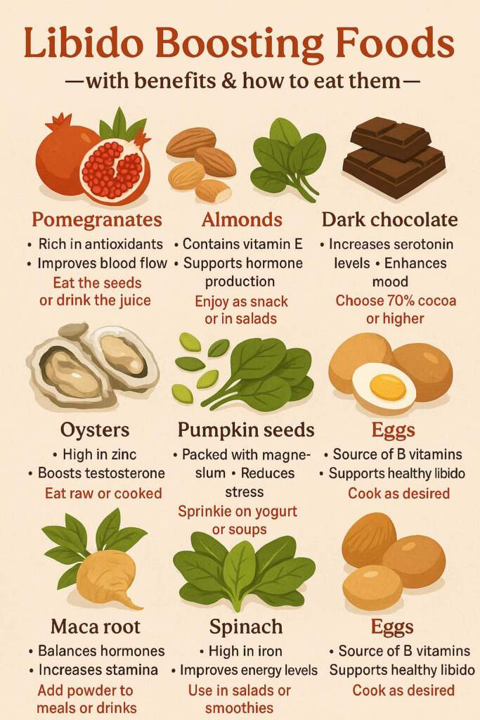 Infographic showing 7 libido boosting foods — watermelon, maca root, oysters, almonds, pomegranate, eggs, and dark chocolate — with illustrated icons, health benefits, and eating tips displayed in a clean 2-column layout on a beige background with wooden texture.