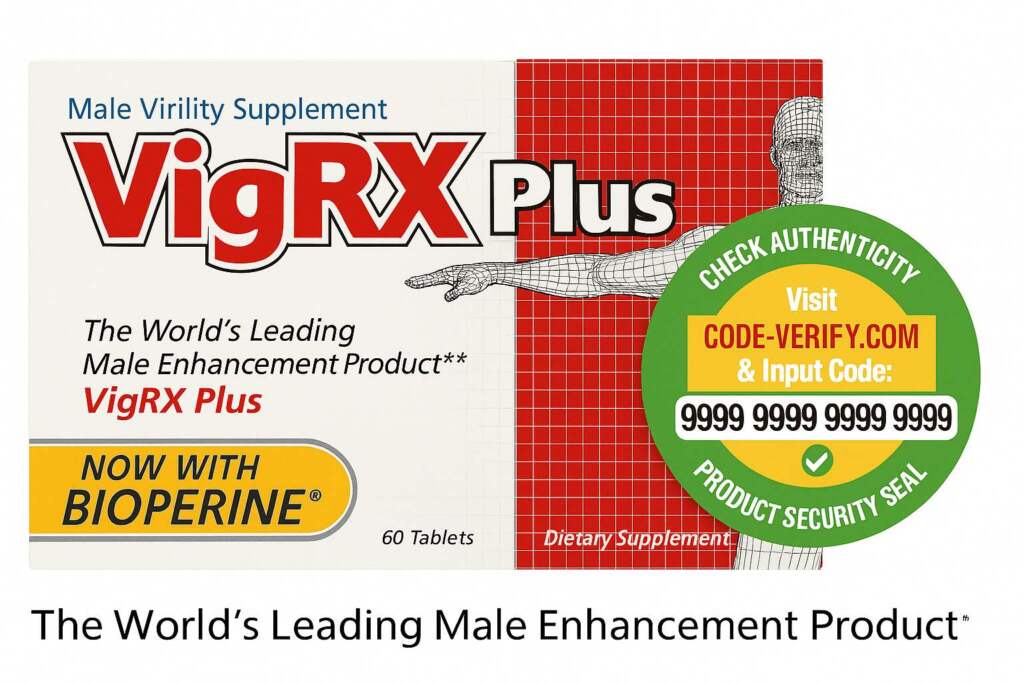 “VigRX Plus packaging with product security seal showing verification instructions via Code-Verify.com and unique input code for authenticity check.”