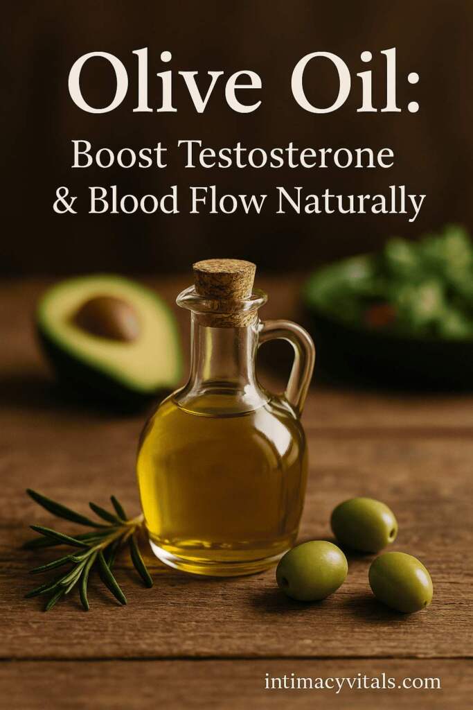 A Bottle of olive oil with text of Fresh tomatoes rich in lycopene, supporting prostate and erectile health.