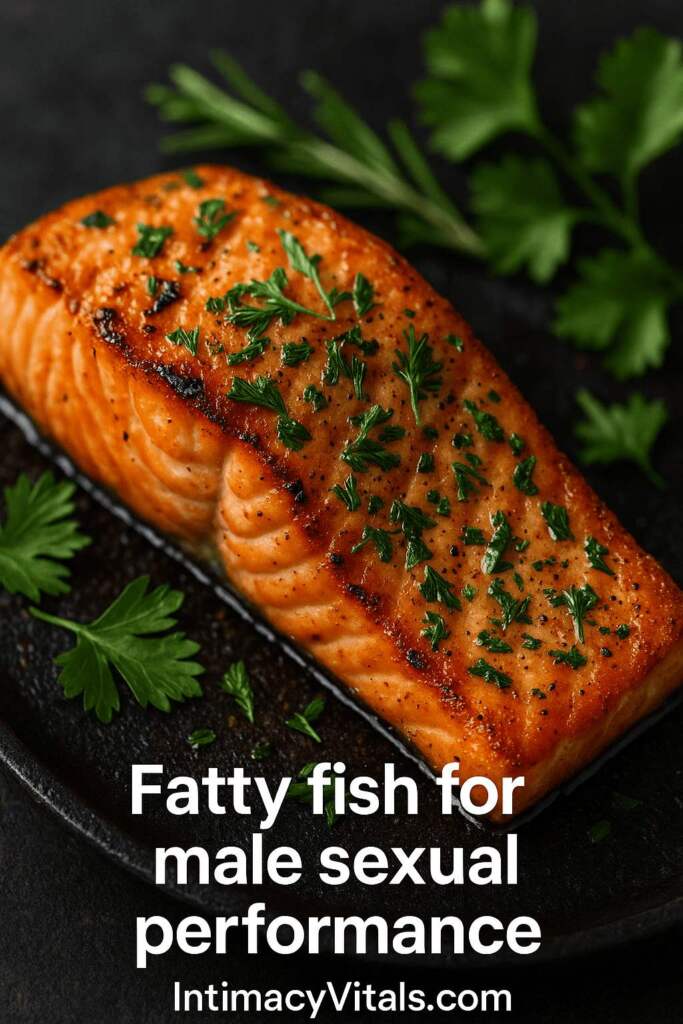 A well cooked fatty fish with text Fatty fish for male sexual performance