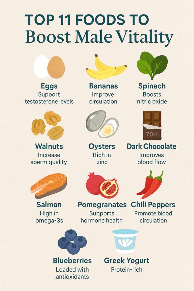 Infographic showing the top 11 natural foods for penis growth including spinach, salmon, walnuts, oysters, and bananas—designed to boost erections, testosterone, and male sexual health.