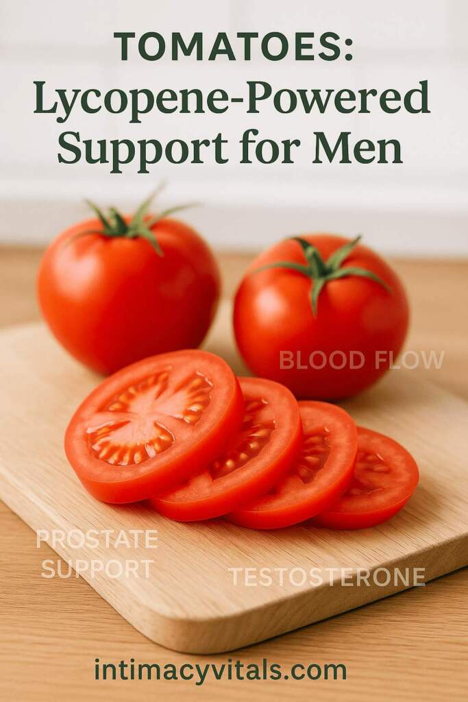 Image of tomatoes with text Fresh tomatoes rich in lycopene, supporting prostate and erectile health.