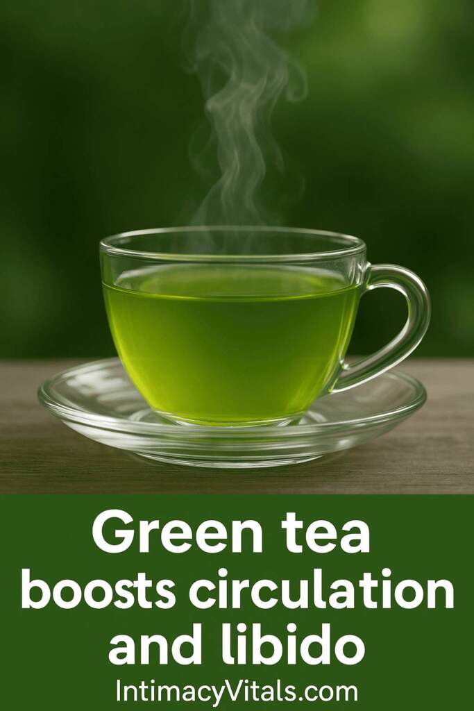 A cup of green tea with Green tea boosts circulation and libido