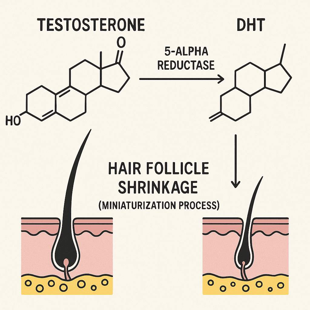 Illustration of testosterone converting to DHT and shrinking scalp hair follicles — hormonal pathway of hair loss