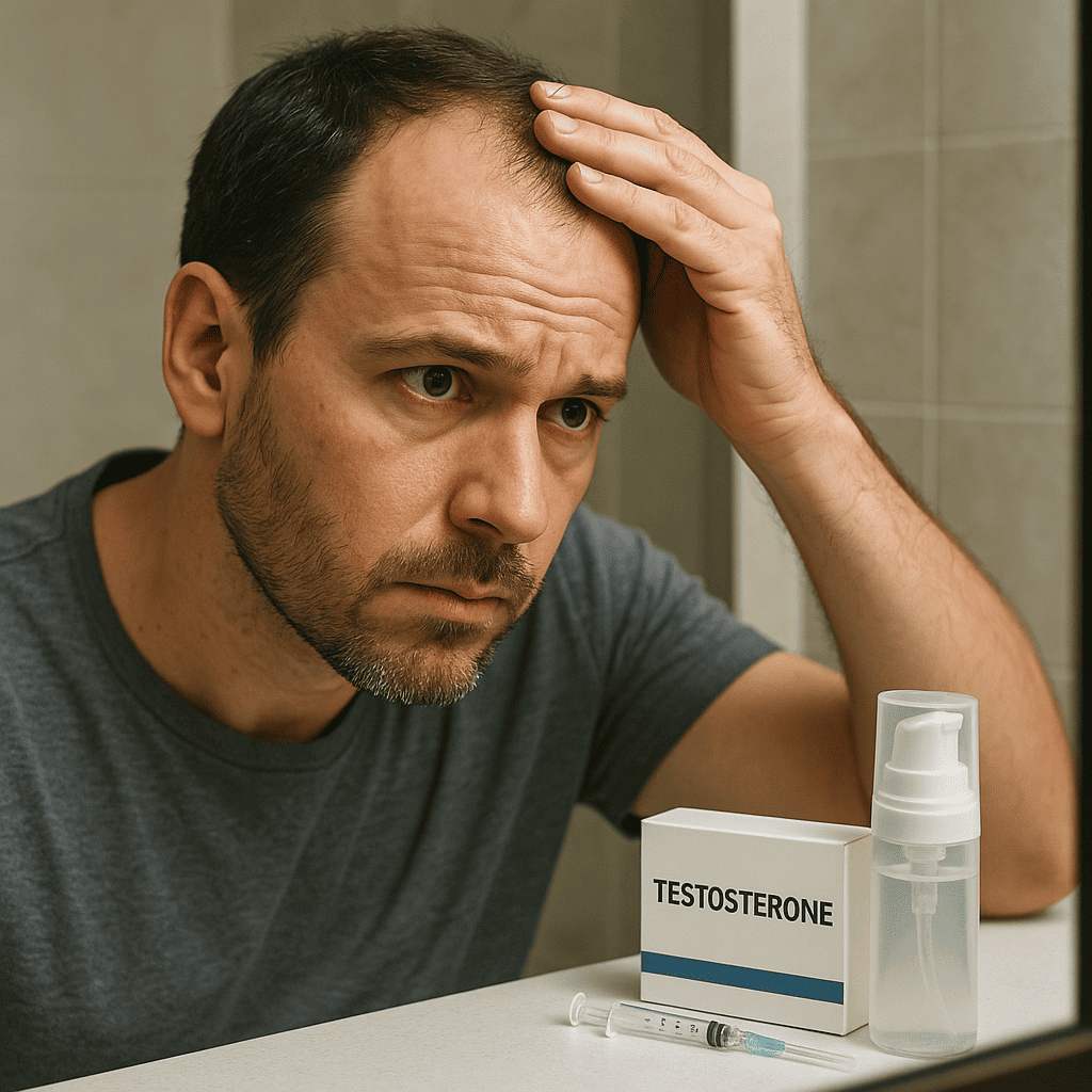 Man on testosterone therapy concerned about hair loss — mirror reflection with hormone replacement