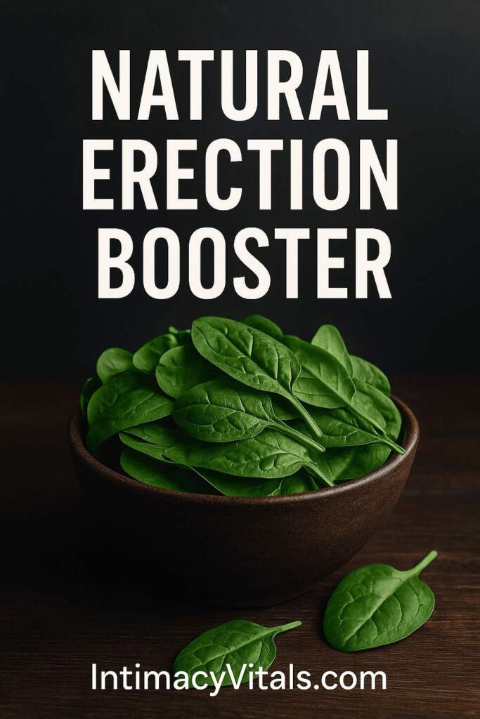 Bowl of spinach with text Spinach Natural Erection Booster