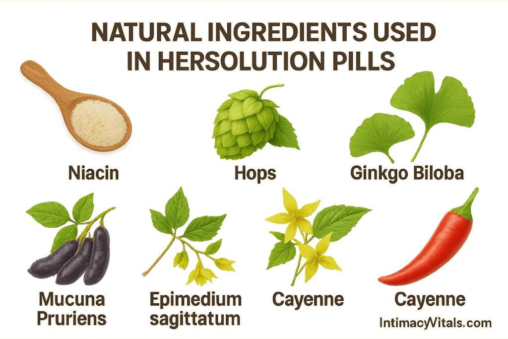 Illustration of natural libido-boosting ingredients in HerSolution Pills – including Niacin, Hops, Ginkgo Biloba, Mucuna Pruriens, Epimedium sagittatum, and Cayenne – watermark: IntimacyVitals.com