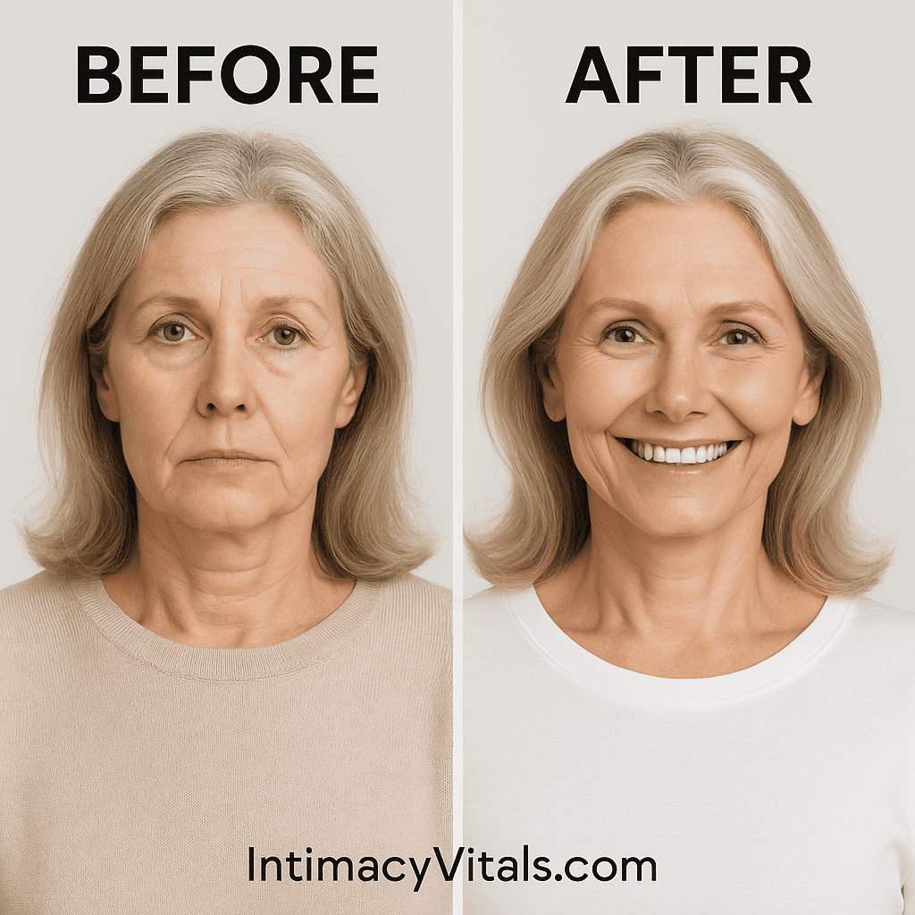Before and after transformation of a mature woman showing improved mood, confidence, and emotional well-being – watermark: IntimacyVitals.com